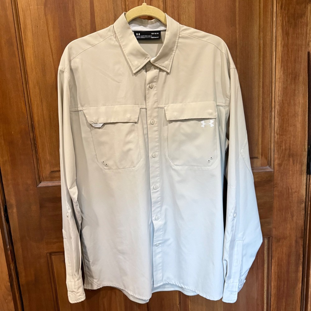 Under Armour HeatGear Men Large Tan LS Button Down Fishing Hiking Shirt Large